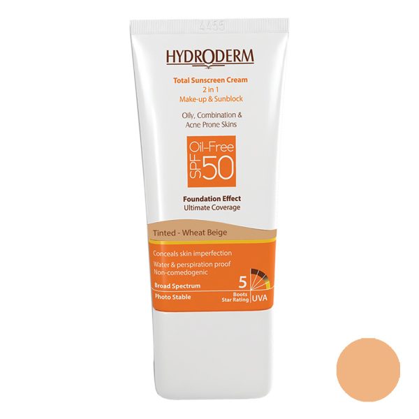 کرم ضدآفتاب هیدرودرم SPF50 فاقد چربی با پوشش کرم پودری – بژ گندمی مقدار 40 گرم - تصویر 1