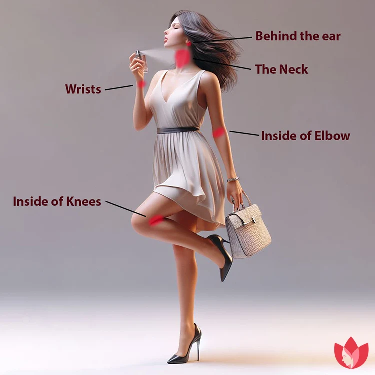 نمودار نقاط نبض بدن زنانه برای اسپری عطر شامل مچ دست، گردن، پشت گوش و داخل زانو
